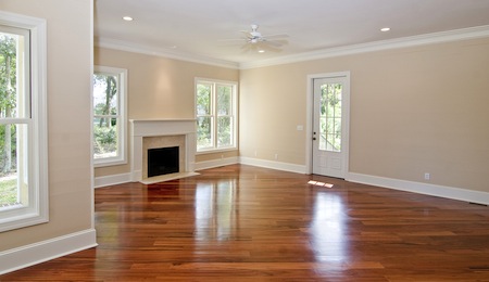 open livingroom with fireplace and wood floors